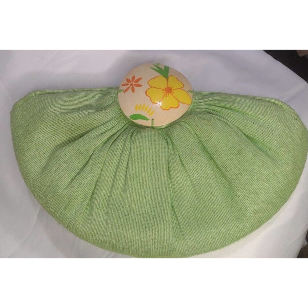 Vintage Lime green linen? Clutch zip close wood detail, flower costal grandma